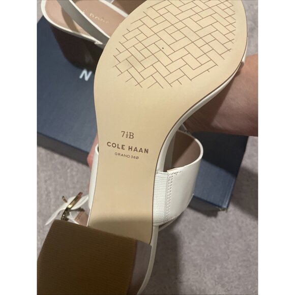 Size 7.5 Cole Haan Josie T-Strap Block Heel Sandals - Ivory Leather New In Box - Picture 12 of 13